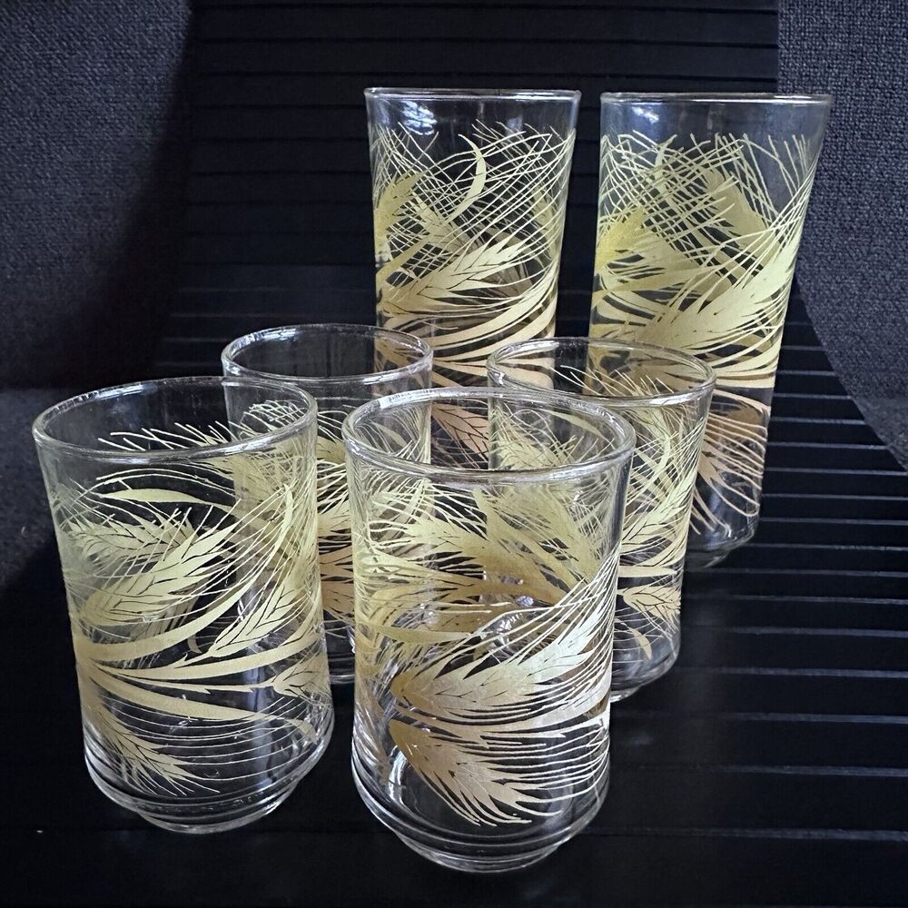 Libbey Golden Wheat Tumblers and Juice Glasses 2+4 Vintage Lovely MCM